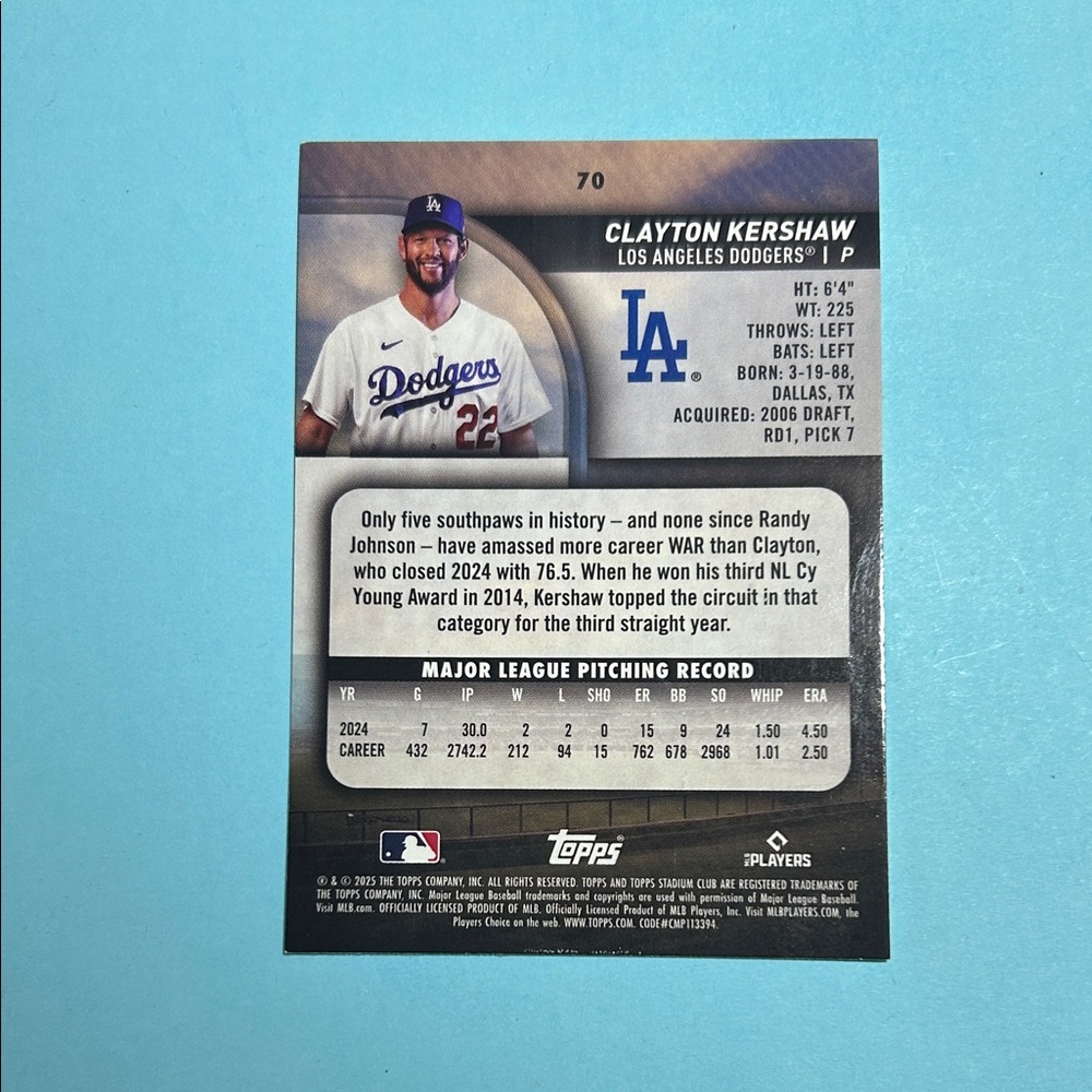 Clayton Kershaw LA Dodgers 2025 Topps Stadium Club card #70 - Picture 2 of 2